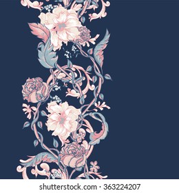 Vintage floral baroque seamless border with blooming magnolias, roses and twigs, vector illustration