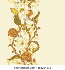 Vintage floral baroque seamless border with blooming magnolias, roses and twigs, vector illustration