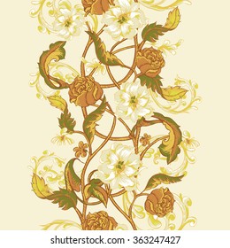 Vintage floral baroque seamless border with blooming magnolias, roses and twigs, vector illustration