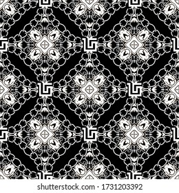 Vintage floral Baroque seamless pattern. Vector ornamental black and white background. Ornate repeat backdrop. Damask ornaments with chains. Greek style design. For wallpapers, fabric, prints.