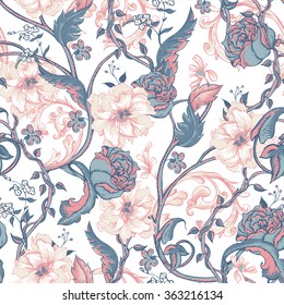 Vintage floral baroque seamless pattern with blooming magnolias, roses and twigs, vector illustration