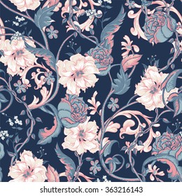 Vintage floral baroque seamless pattern with blooming magnolias, roses and twigs, vector flower magnolia tree pattern, vector nature illustration in victorian style