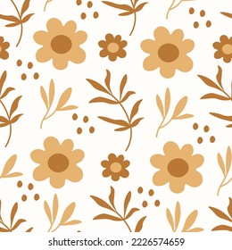 Vintage Blumenbeige nahtloses Muster. Rutsche Retro-Boho nahtloser Hintergrund mit Blumen, Blättern, Ast, Zweigen. Ästhetisches botanisches Umhüllungspapier, kosmetische Verpackung, Textilien, Deckel