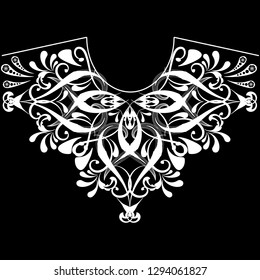 Vintage floral black and white neckline pattern. Vector ornamental feminine fashion background. Ethnic style neck line ornament with Paisley flowers, swirl, leaves. Trendy decorative hand drawn design
