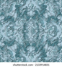 Vintage floral blue 3d seamless pattern. Beautiful background. Elegance repeat flourish backdrop. Grunge flowers with stripes, lines, swirls. Ornamental ornate design. Endless flowery Damask ornament.