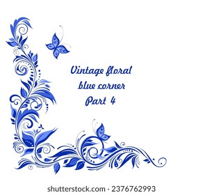 Vintage floral blue corner. Decorative border. Part 4