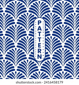 Vintage floral blue seamless pattern leaves and flowers in ornate. Geometric retro style elements. Art Deco concept.