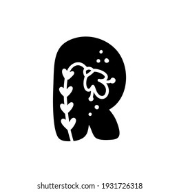 Vintage floral bold Letter R Logo spring. Classic R Summer Letter Design Vector with Black Color and Floral Hand Drawn with monoline pattern.