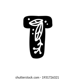 Vintage floral bold Letter T Logo spring. Classic T Summer Letter Design Vector with Black Color and Floral Hand Drawn with monoline pattern.
