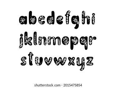 Vintage floral bold Letters alphabet logo spring. Classic lowercase abc Summer Letter. Design Vector with Black Color and Floral Hand Drawn with monoline white strokes.