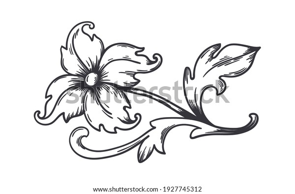 Vintage floral border. Baroque decorative\
ornament. Engraved flower with leaves. Isolated refined blooming\
branch. Monochrome detailed vignette or calligraphic divider.\
Vector contour\
illustration