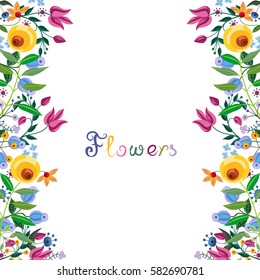 Vintage floral border. Hand drawn abstract fancy flowers. Summer blooming frame at white background. Card or wedding invitation template. Watercolor painting imitation vector illustration.