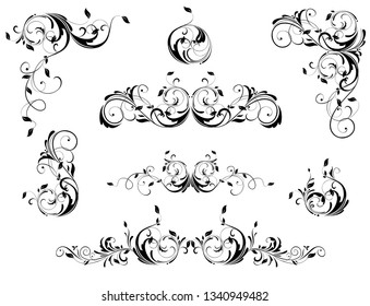 Bordes florales vintage, ángulos y conjuntos vectoriales de cabeceras. Diseño retro en blanco y negro