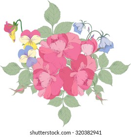 Vintage floral bouquet with rose, bell and pansy, hand drawn vector illustration