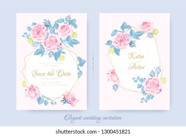 Vintage Floral Bouquet, Wedding Invite Design, Rose with Leaves Drawn in Watercolor Style. Vector Decorative Flower for Greeting Card. Floral Border or Frame with Botanic Elements. Marriage Celebrate.