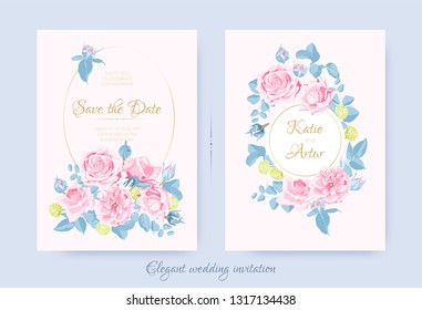 Vintage Floral Bouquet, Wedding Invite Design, Rose with Leaves Drawn in Watercolor Style. Vector Decorative Flower for Greeting Card. Floral Border or Frame with Botanic Elements. Marriage Celebrate.