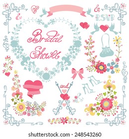 Vintage floral Bridal shower card with floral  heart wreath,group,ribbon,swirls,headline set.Vector decor. For invitation,wedding,card, greeting,RSVP, love design template