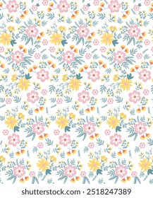 Padrão de verão floral brilhante vintage com pequenas flores de coral pastel em um fundo branco. Padrão perfeito para impressões de design e moda. Estilo Ditsy.