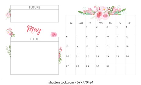 Vintage floral calendar 2018 with bouquet of flowers. Vector illustration.