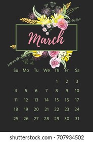 Vintage floral calendar 2018 with bouquet of flowers. Vector illustration.