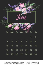 Vintage floral calendar 2018 with bouquet of flowers. Vector illustration.