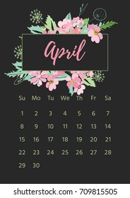 Vintage floral calendar 2018 with bouquet of flowers. Vector illustration.
