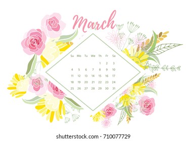 Vintage floral calendar 2018 with bouquet of flowers. Vector illustration.