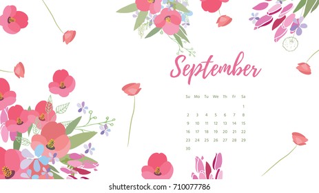 Vintage floral calendar 2018 with bouquet of flowers. Vector illustration.