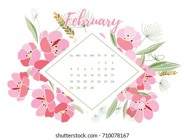 Vintage floral calendar 2018 with bouquet of flowers. Vector illustration.