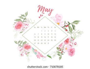 Vintage floral calendar 2018 with bouquet of flowers. Vector illustration.