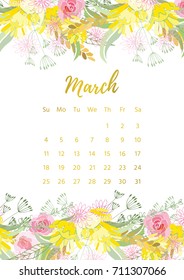 Vintage floral calendar 2018 with bouquet of flowers. Vector illustration.