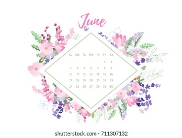 Vintage floral calendar 2018 with bouquet of flowers. Vector illustration.