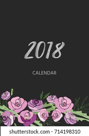 Vintage floral calendar 2018 with bouquet of flowers. Vector illustration.