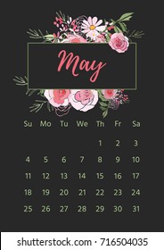Vintage floral calendar 2018 with bouquet of flowers. Vector illustration.