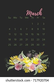 Vintage floral calendar 2018 with bouquet of flowers. Vector illustration.