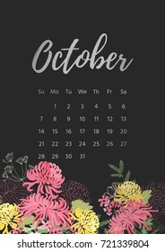 Vintage floral calendar 2018 with bouquet of flowers. Vector illustration.