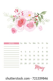 Vintage floral calendar 2018 with bouquet of flowers. Vector illustration.