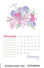 Vintage floral calendar 2018 with bouquet of flowers. Vector illustration.
