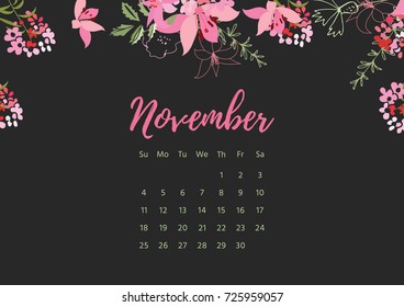 Vintage floral calendar 2018 with bouquet of flowers. Vector illustration.