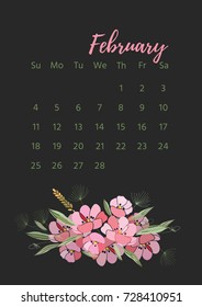 Vintage floral calendar 2018 with bouquet of flowers. Vector illustration.
