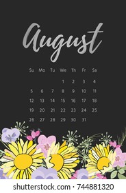 Vintage floral calendar 2018 with bouquet of flowers. Vector illustration.