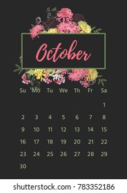 Vintage floral calendar 2018 with bouquet of flowers. Vector illustration.