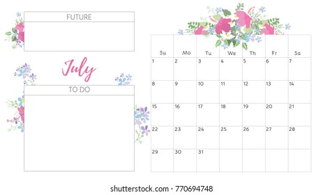 Vintage floral calendar July 2018 with bouquet of flowers. Vector illustration.