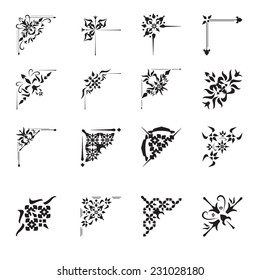 Vintage floral calligraphic floral vignette scroll corners ornamental design elements black set isolated vector illustration