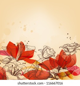 Tarjeta floral vintage, vector de flores rojas abstractas