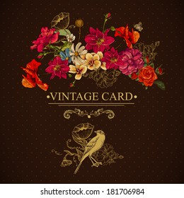 Vintage Floral Card with Birds and Butterflies  Vector Design element.