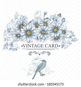 Vintage Floral Card with Birds and Daisies  Vector Design element.