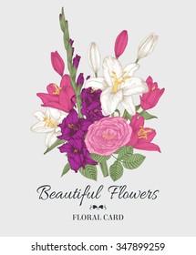 Vintage floral card with bouquet of lilies, gladiolus and rose. Vector illustration.