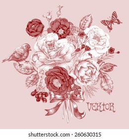 Vintage floral card with a bouquet of roses, bird, butterfly and bow. Vector. Victorian style. Advertising signs.