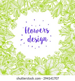 Vintage Floral Card. Frame with Engraving Flowers. Botanical Illustration with Roses, Lilies and other Flowers. Retro Graphic Style.